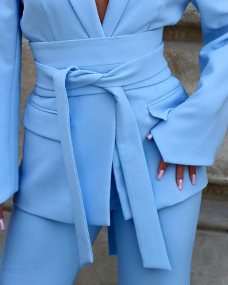 Solid color two-piece set with lapels and waist