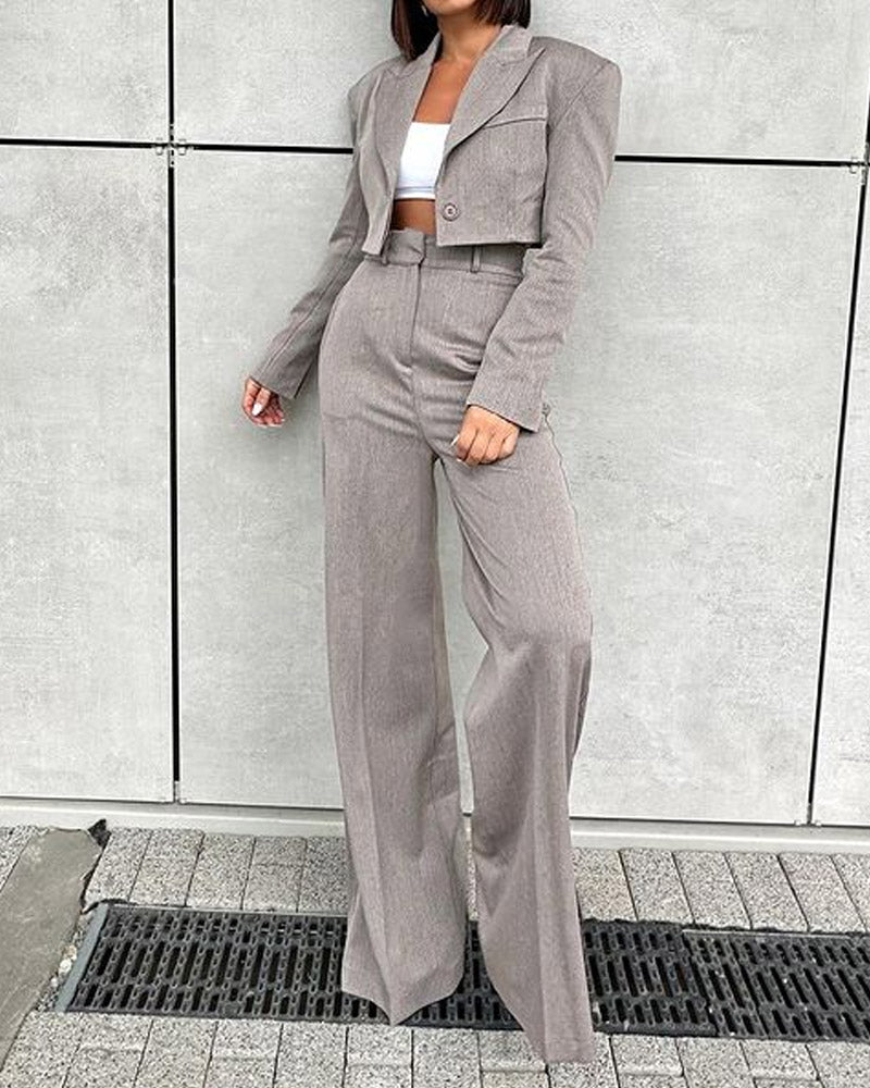 Solid Color Short Suit & High-waisted Wide-leg Suit Pants Two-piece Set