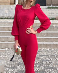 Round Neck Long Sleeve Solid Color Jumpsuit