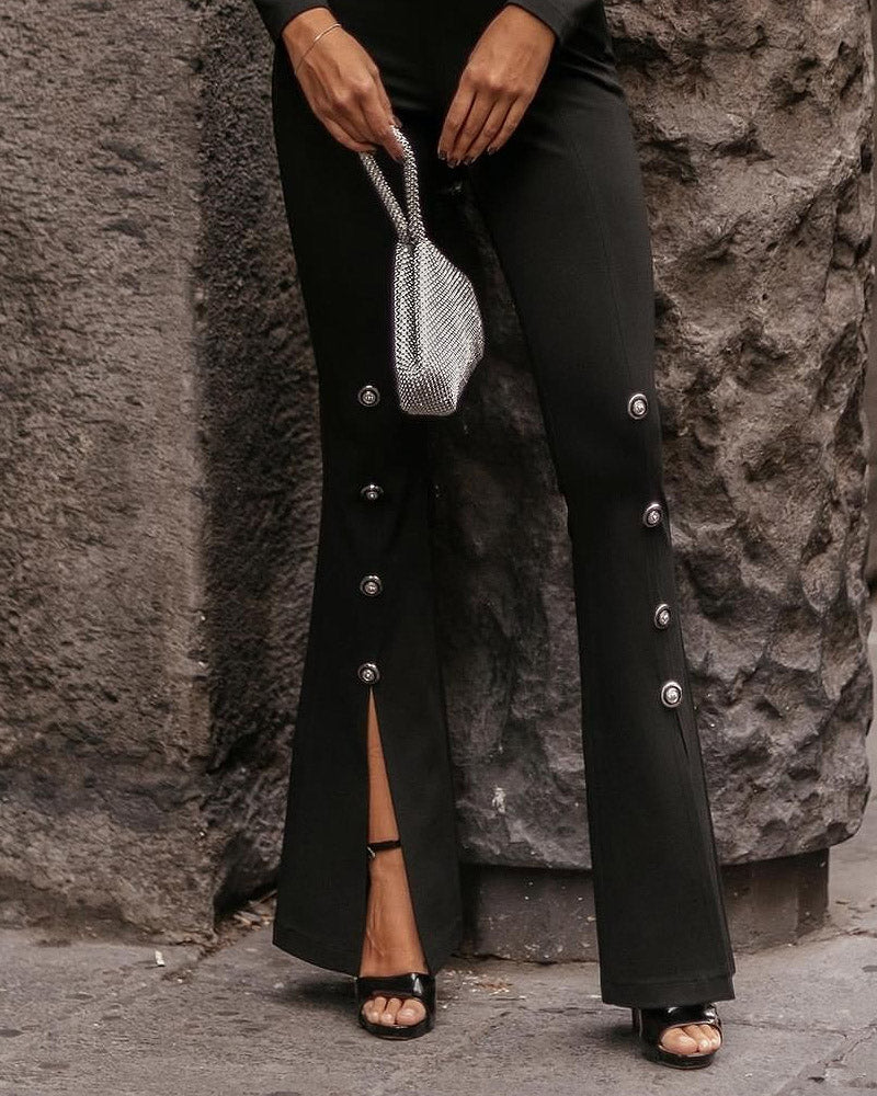 Solid Color Crop Top & High Waist Slit Buttoned Trousers Two-piece Set