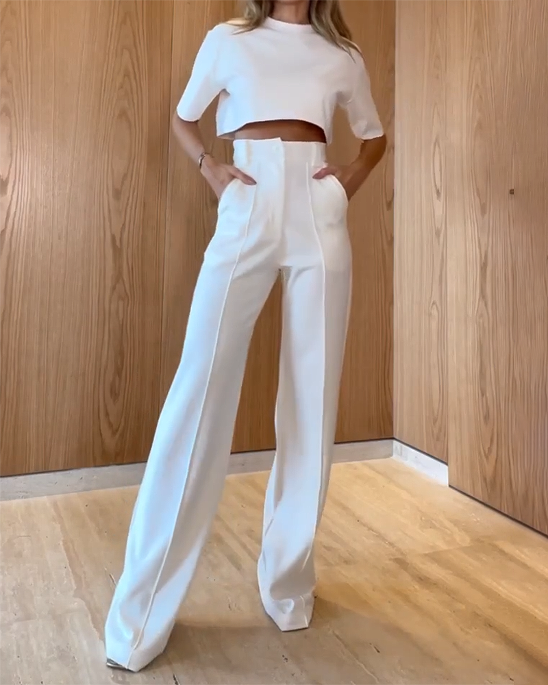 Round Neck Short Sleeve Top Trousers Solid Color Two-piece Suit