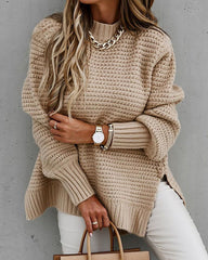 Loose solid color long-sleeved chunky side slit knitted sweater