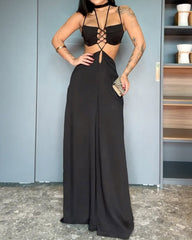 Solid Color Halter Neck Hollow Wide Leg Jumpsuit