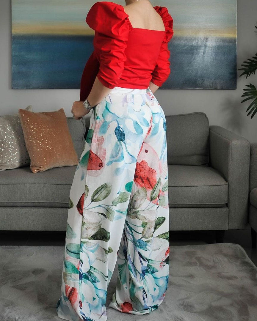 Puff Sleeve Solid Color Top Print Trousers Two-Piece Set