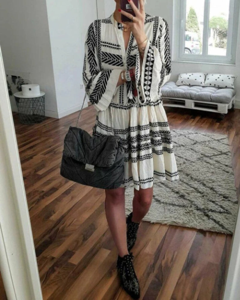 Geometric Print V-neck Dress