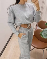 Solid Color Drawstring Short Sweatshirt & High-waisted Wide-leg Pants Two-piece Set