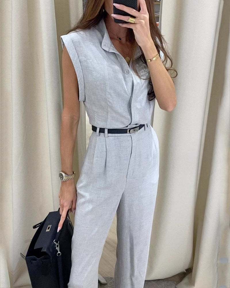 Casual Solid Color Shirt & Pants Two-Piece Set