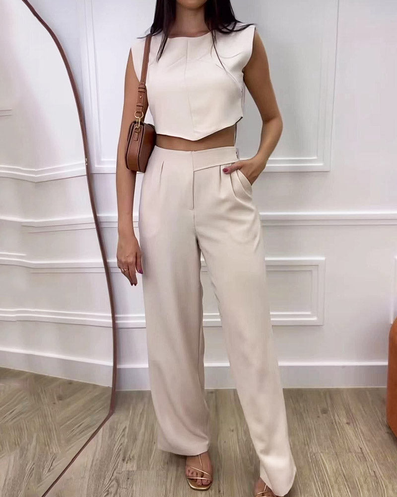 Solid Color Short Sleeve Top & Wide Leg Pants Two-piece Set