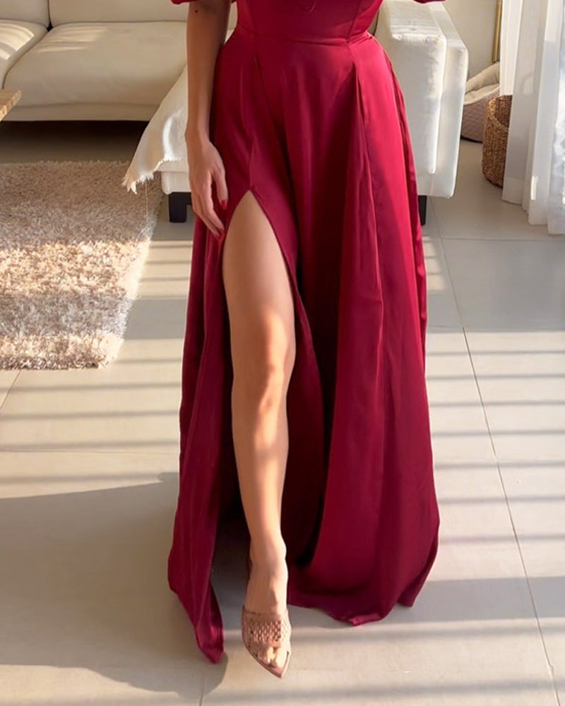 Elegant Solid Color One Shoulder Slit Dress