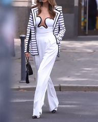 Long-sleeved Striped Jacket Jumpsuit Two-piece Suit