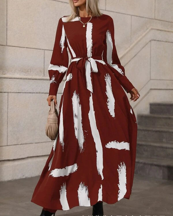 Printed Belt Long Sleeve Long Dress