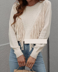 Solid Knit Turtleneck Fringed Sweater