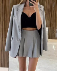 Fashionable Solid Color Blazer & Skirt Two-piece Set