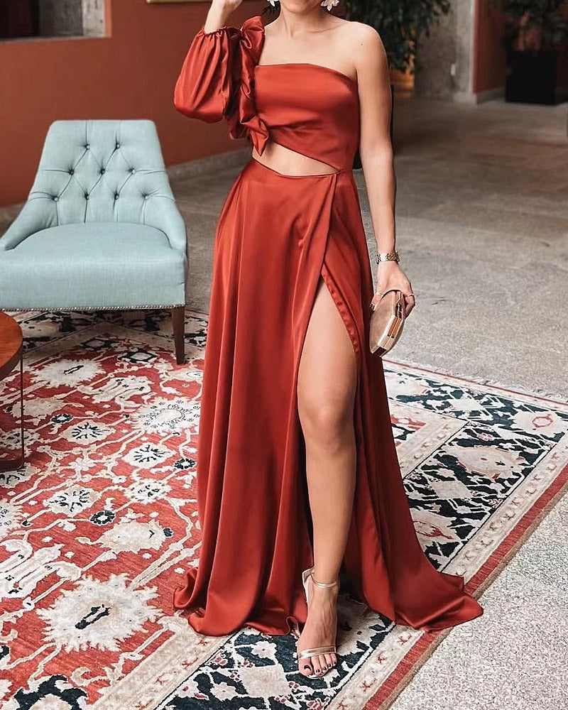 Solid Color One Shoulder Lace Cross Slit Dress