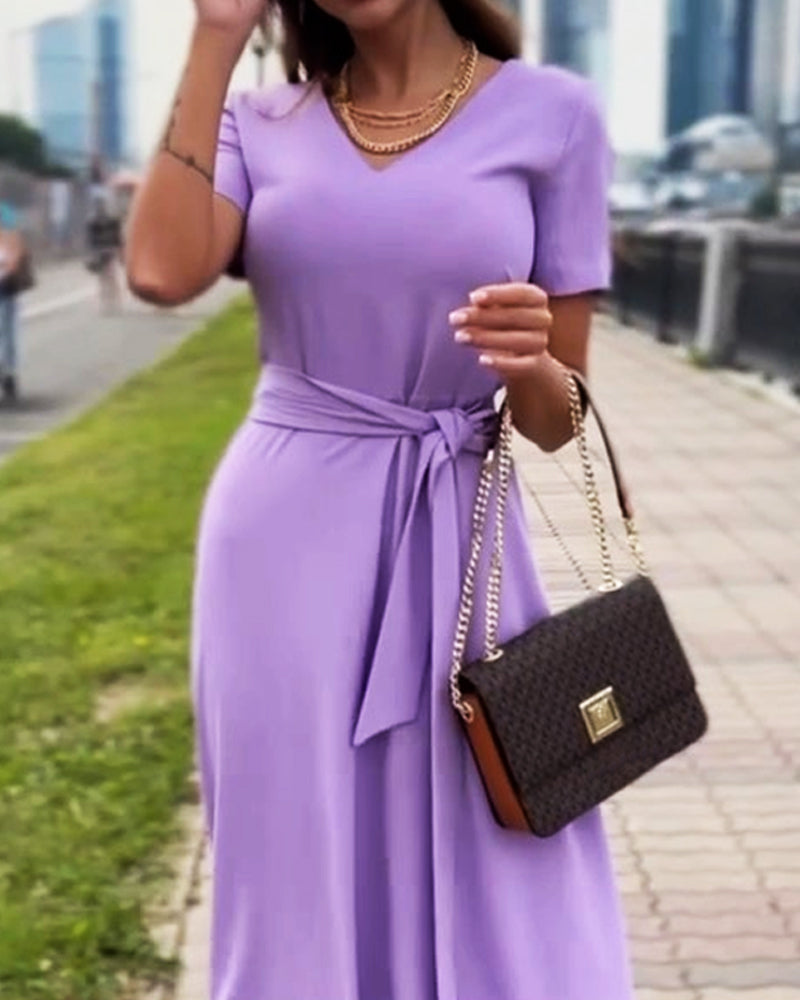 Casual Solid Color V-neck Short-sleeved Dress