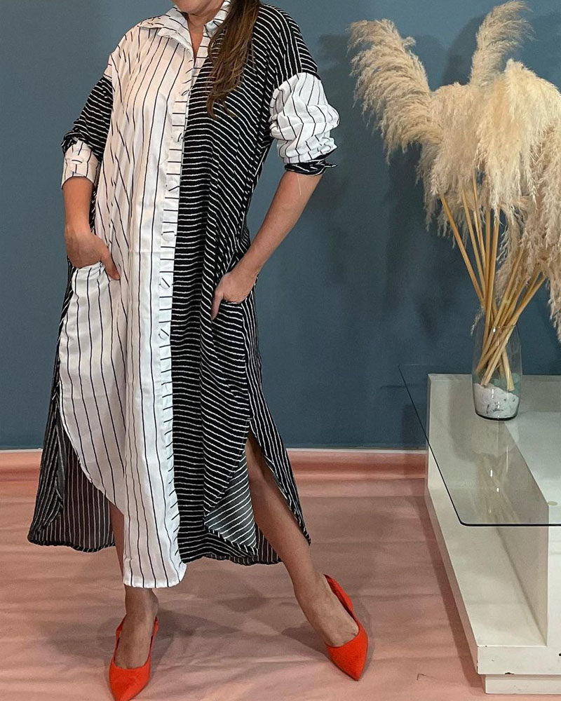 Casual Loose Lapel Striped Shirt Dress