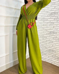 V-Neck Long Sleeve Nipped Waist Solid Color Jumpsuit