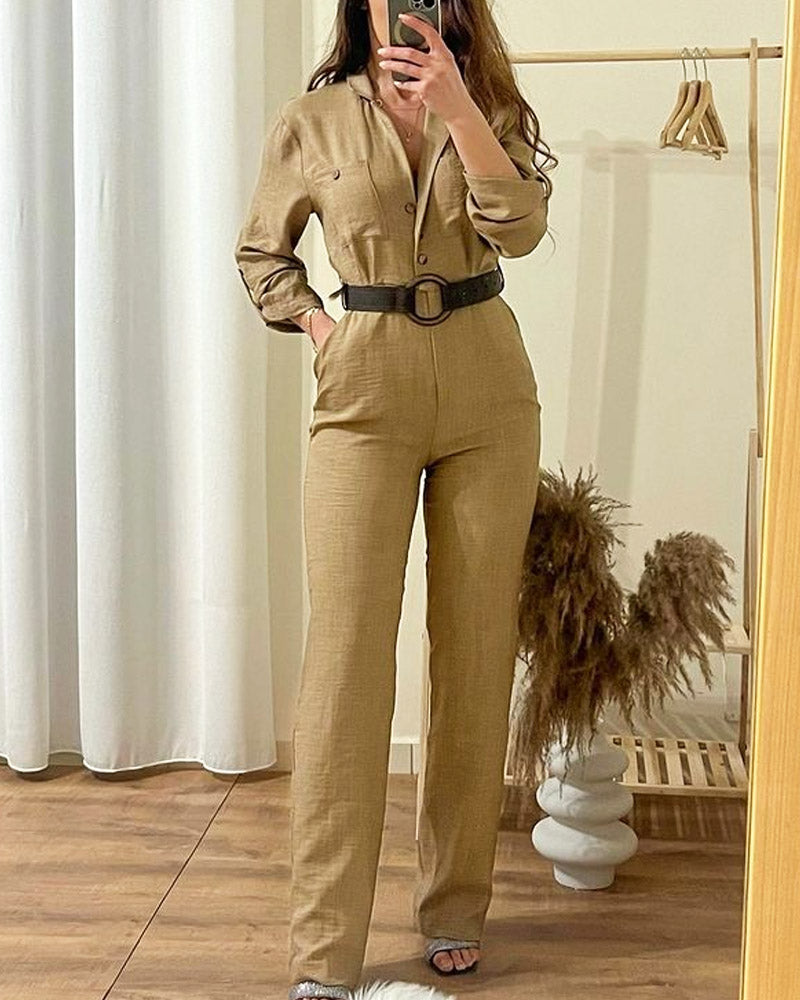 Solid Color Shirt Slim Straight Jumpsuit