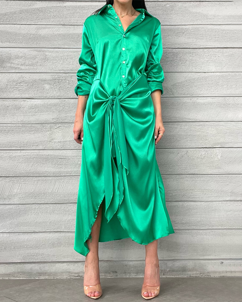 Lapel Tie Satin Long Sleeve Dress