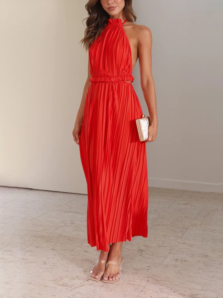 Hanging Neck Bare Back Sleeveless Midi Dress