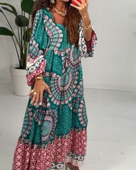 Vintage Print V-Neck Long Sleeve Dress