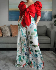 Puff Sleeve Solid Color Top Print Trousers Two-Piece Set