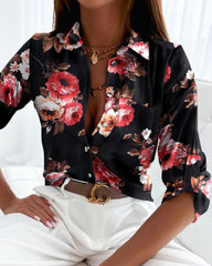 Fashion Casual Lapel Long Sleeve Print Top