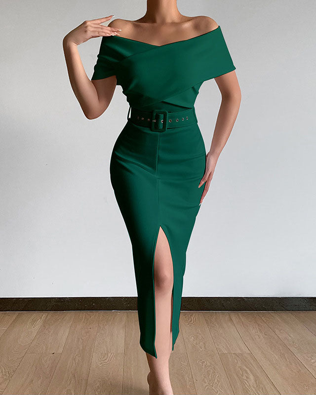 Elegant commuting simple off-the-shoulder belt slit dress