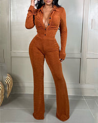 Solid Color Long-sleeved Shirt & Trousers Two-piece Set