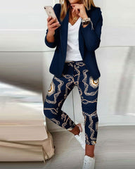 Fashion Print Long Sleeve Cardigan Suit