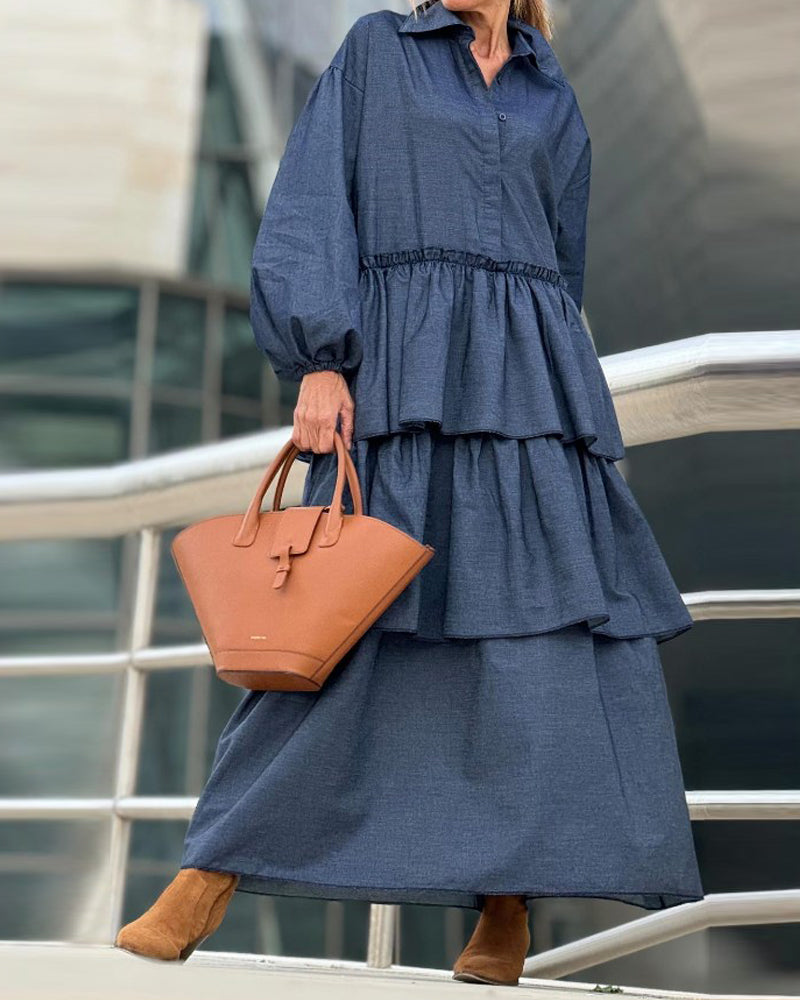 Lapel multi-layered ruffled solid color dress