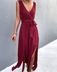 Sexy V-neck cross tie sleeveless slit dress