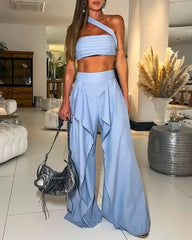 Solid Color One-shoulder Tube Top & Lace Wide-leg Pants Two-piece Set