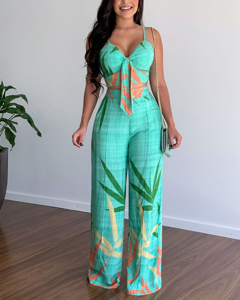 V-Neck Cropped Tank Top & Printed Wide-Leg Pants Two-Piece Set