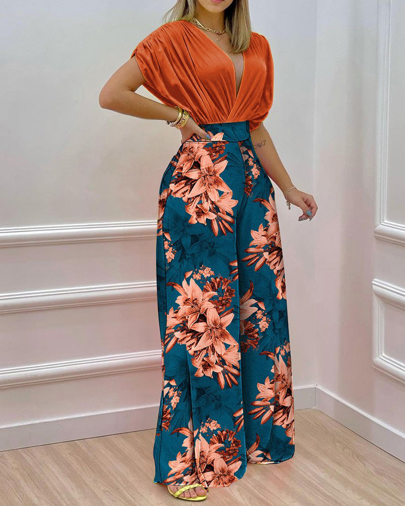 Printed dolman sleeve top and wide leg pants two-piece set