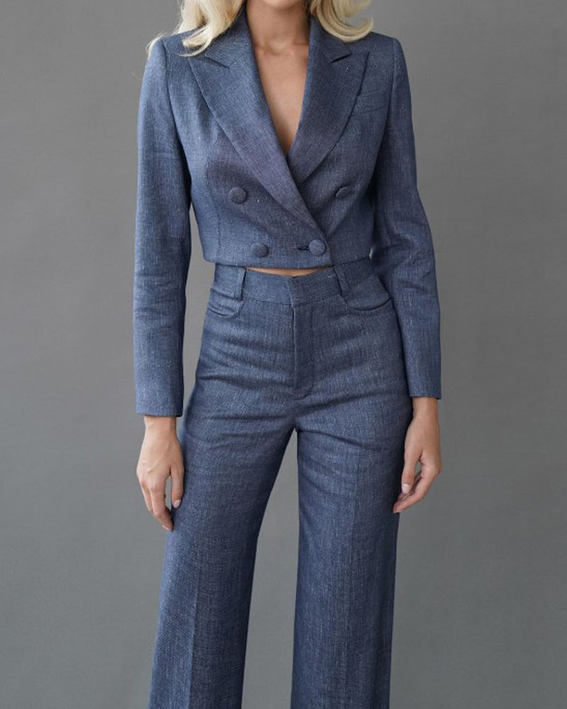 Lapel business casual imitation denim solid color two-piece suit