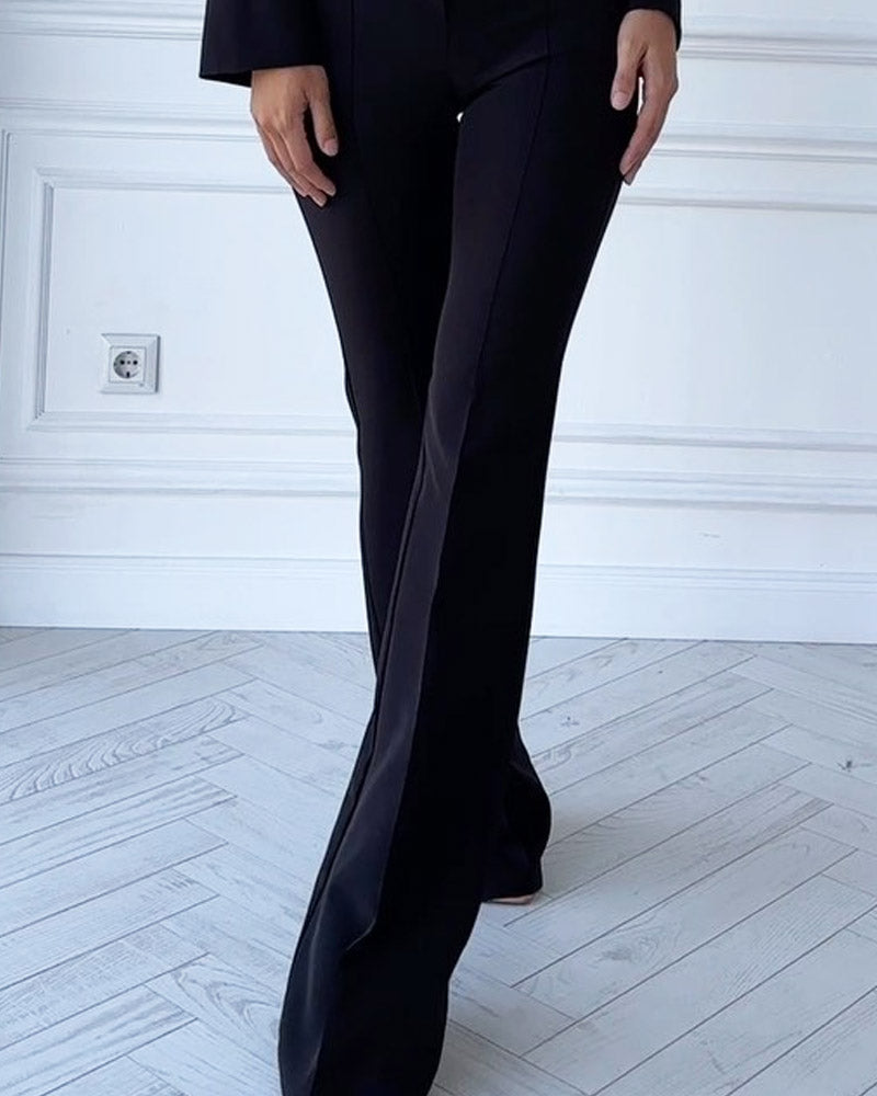 Solid Color V-neck Suit & High-waisted Wide-leg Pants Two-piece Set