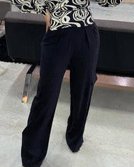 V-Neck Long Sleeve Ripple Print Top Solid Color Pants Two Piece Set