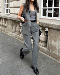 Solid Color Vest & High-waisted Wide-leg Pants Two-piece Set