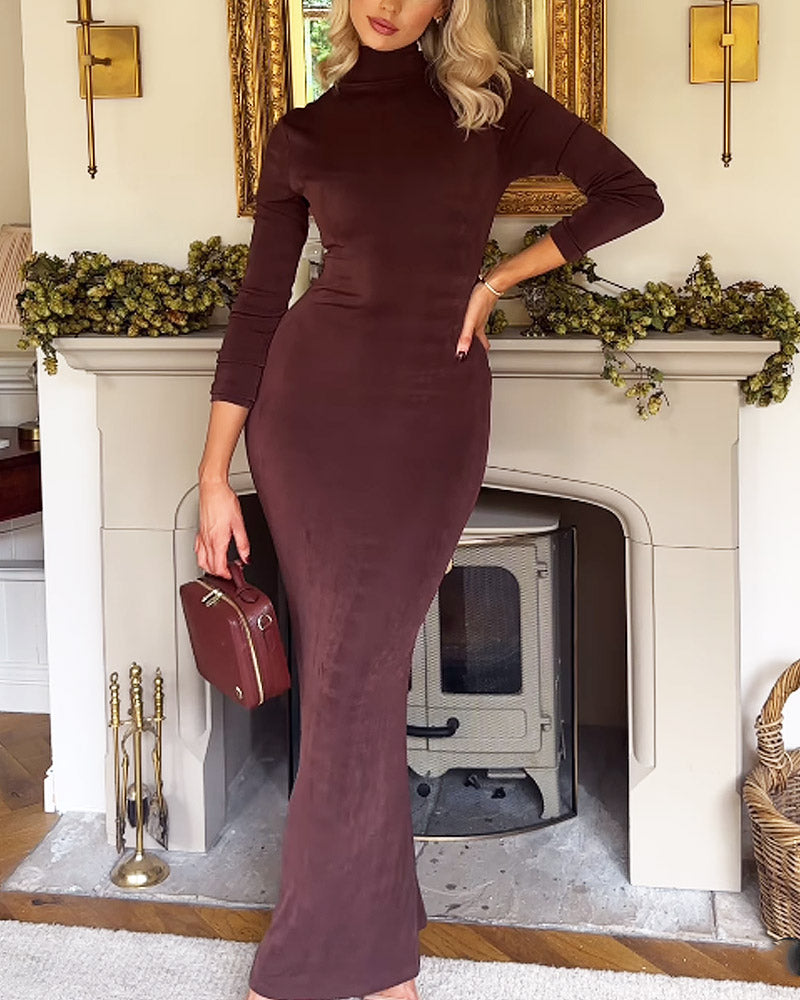 Solid Color Turtleneck Bodycon Dress