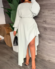 Irregular long sleeve slanted shoulder dress