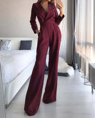 Long-sleeved Slim Solid Color Jumpsuit