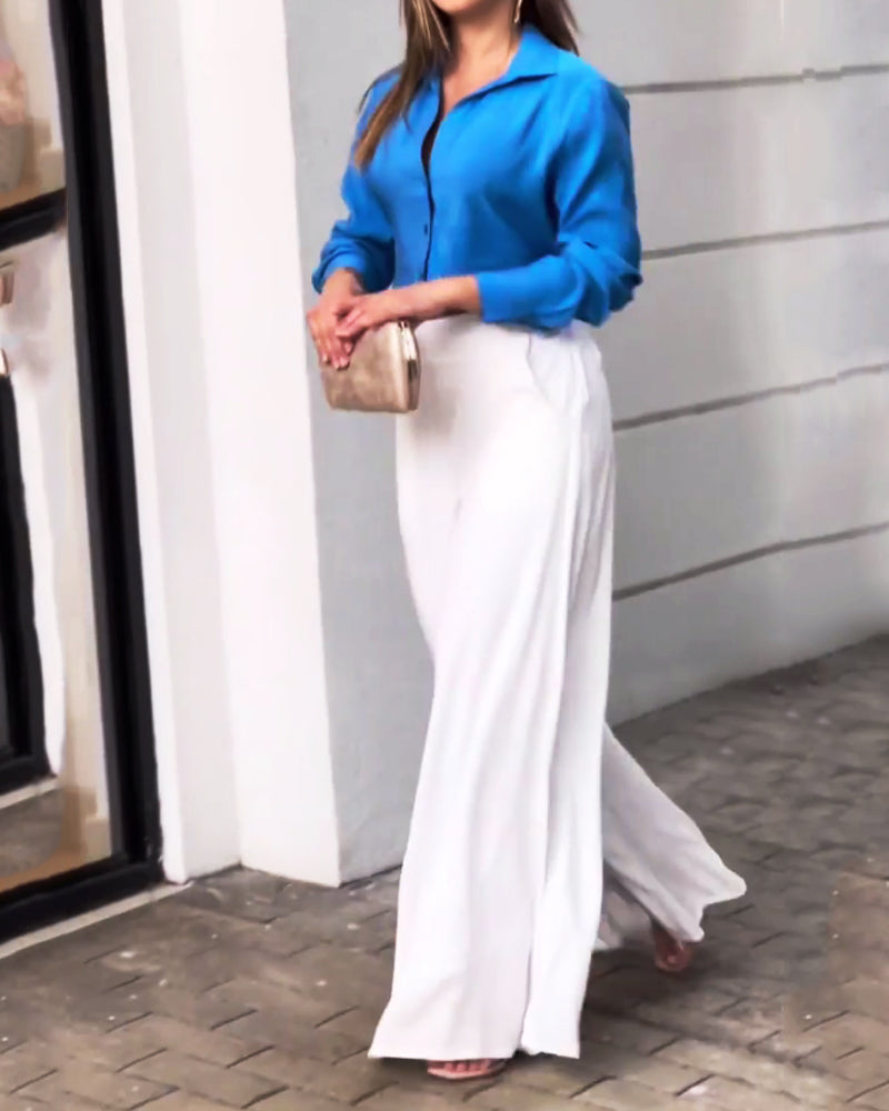 Solid Color Lapel Long Sleeve Shirt & Wide Leg Pants Two Piece Set