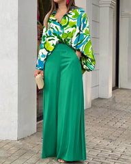 Casual Print Shirt & Wide Leg Pants Two-Piece Set