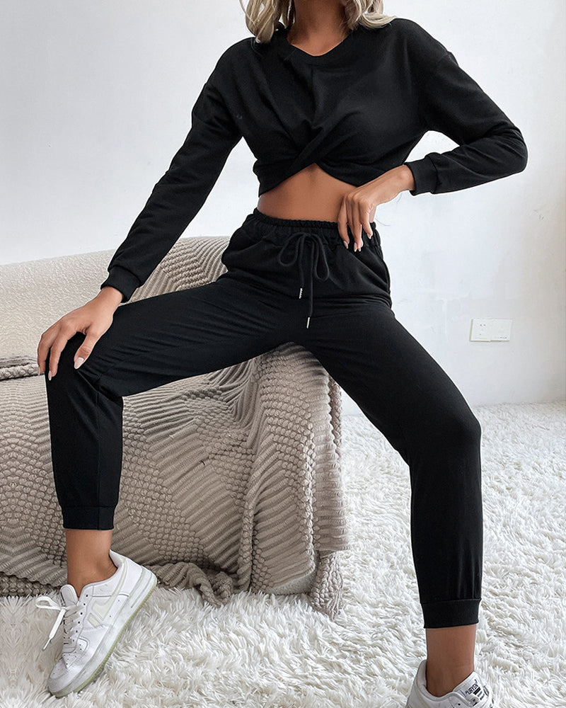 Casual Solid Color Long Sleeve Two-piece Set