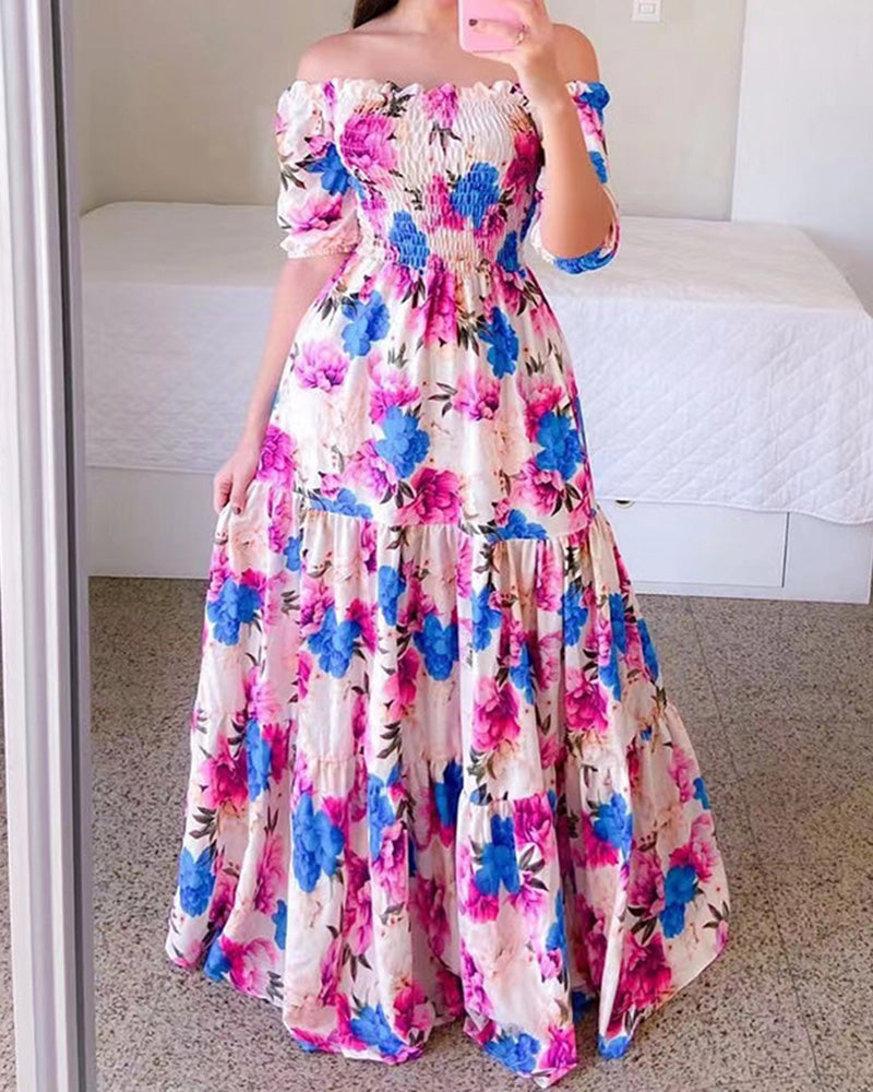 One-shoulder Floral Print Off-the-shoulder Dress