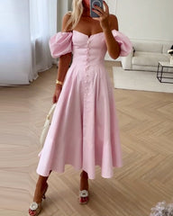 One shoulder puff sleeve solid color dress