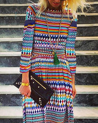 Fashion Round Neck Long Sleeve Mid Length Striped Dress