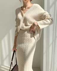 Women's Knitted Sweater Cardigan Skirt Suit