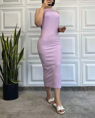 Casual Round Neck Sleeveless Wool Slit Maxi Dress